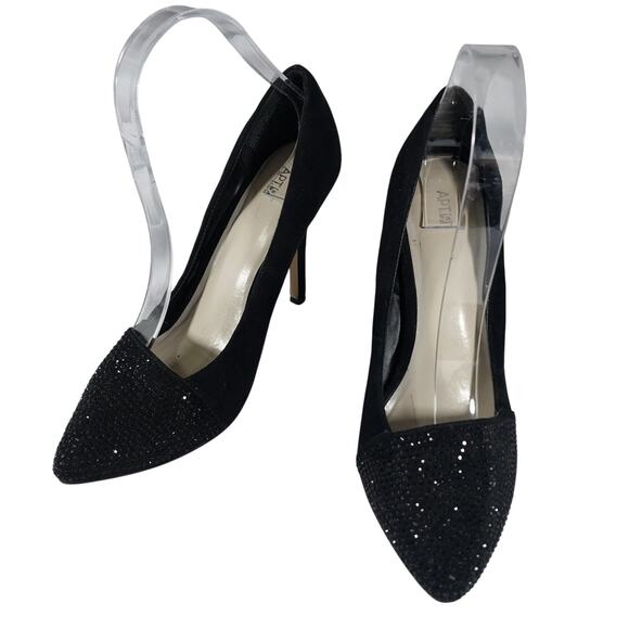 APT. 9! BLACK VEGAN SUEDE LEATHER MICRO-JEWELED TOE IN BLACK HEELS, PUMPS! SZ 8M - Picture 3 of 10